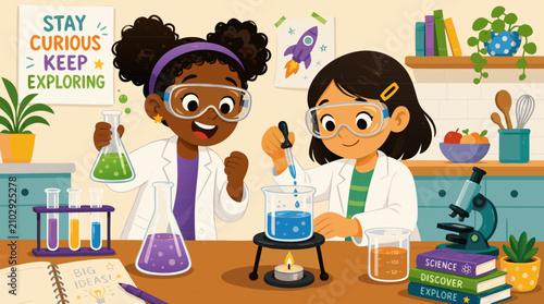 Curious young girls in safety goggles conduct a colorful kitchen chemistry experiment with beakers, microscope, science books and playful discovery theme, bright STEM education vector illustration