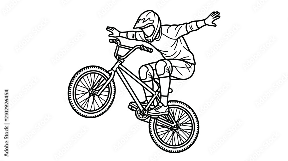 Obraz premium Creative Black and White Line Drawing of BMX Rider Performing a Dynamic Wheelie Trick on a Mountain Bike