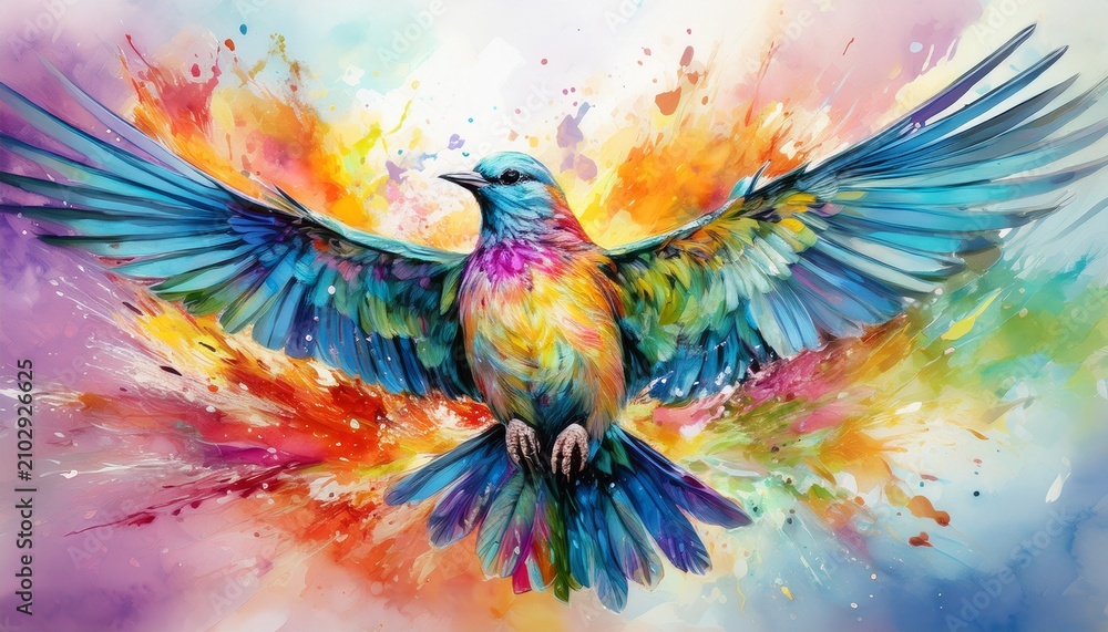 Fototapeta premium vivid watercolor bird in flight wings spread wide erupting in colorful paint splashes