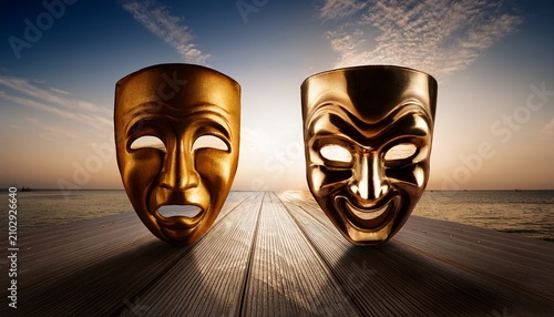 two theatrical masks display contrasting emotions
