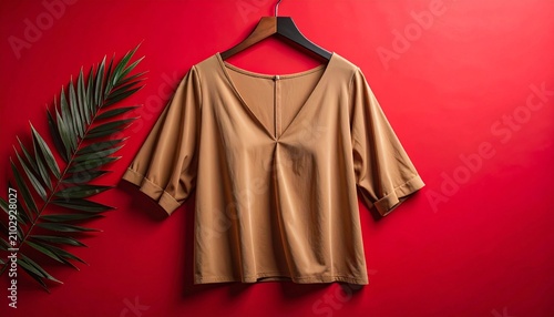 Stylish beige blouse hanging on a hanger against a vibrant red background.