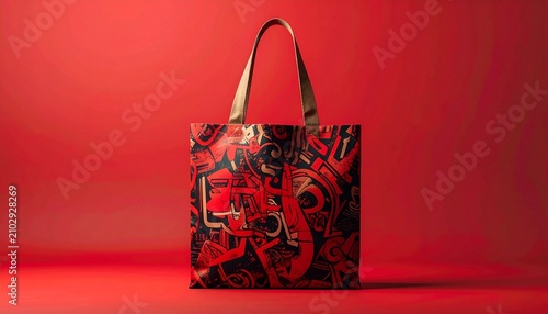 Stylish patterned tote bag on a vibrant red background.