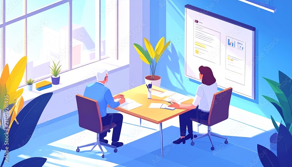 Fototapeta premium Two professionals collaborating in modern office meeting room.
