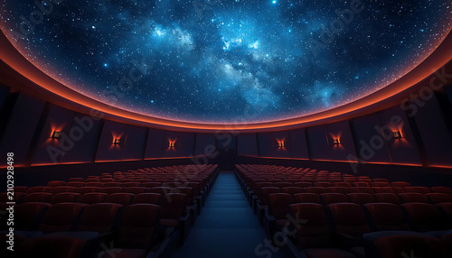 Interior view of an empty planetarium dome theater displaying a brilliant starry night sky and milky way galaxy, created with generative ai.