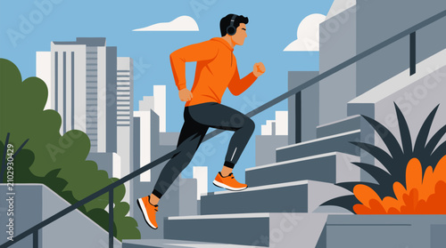 Determined man jogging up modern outdoor city stairs with headphones, orange sportswear and skyline backdrop, energetic urban fitness vector for cardio training and motivation goals
