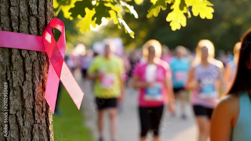 Vibrant Charity Run for Breast Cancer Awareness Featuring Pink Ribbon on Tree and Participants in Pink Attire