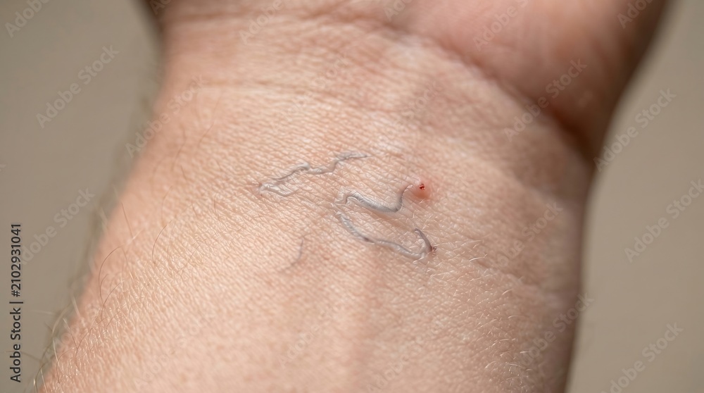 Fototapeta premium Macro close up of cutaneous larva migrans parasitic infection creeping eruption on human skin