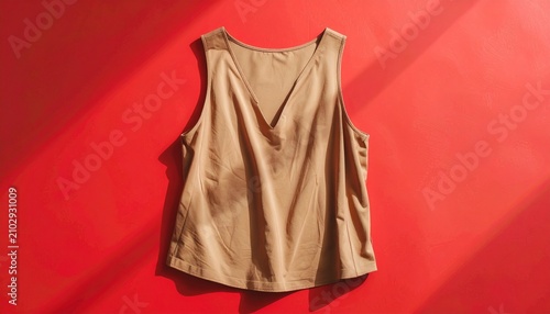 Tan Sleeveless V Neck Top on Vibrant Red Background.