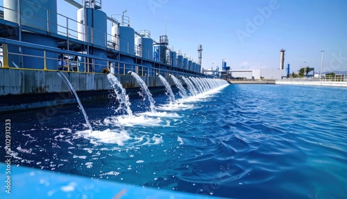 Rows of pipes pouring water into treatment pool.