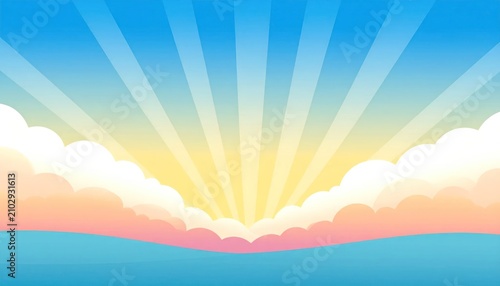 Bright Sunrise Over Ocean with Rays of Light and Fluffy Clouds
