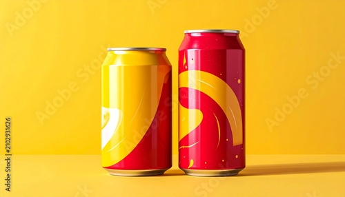 Two colorful aluminum soda cans on a bright yellow background.