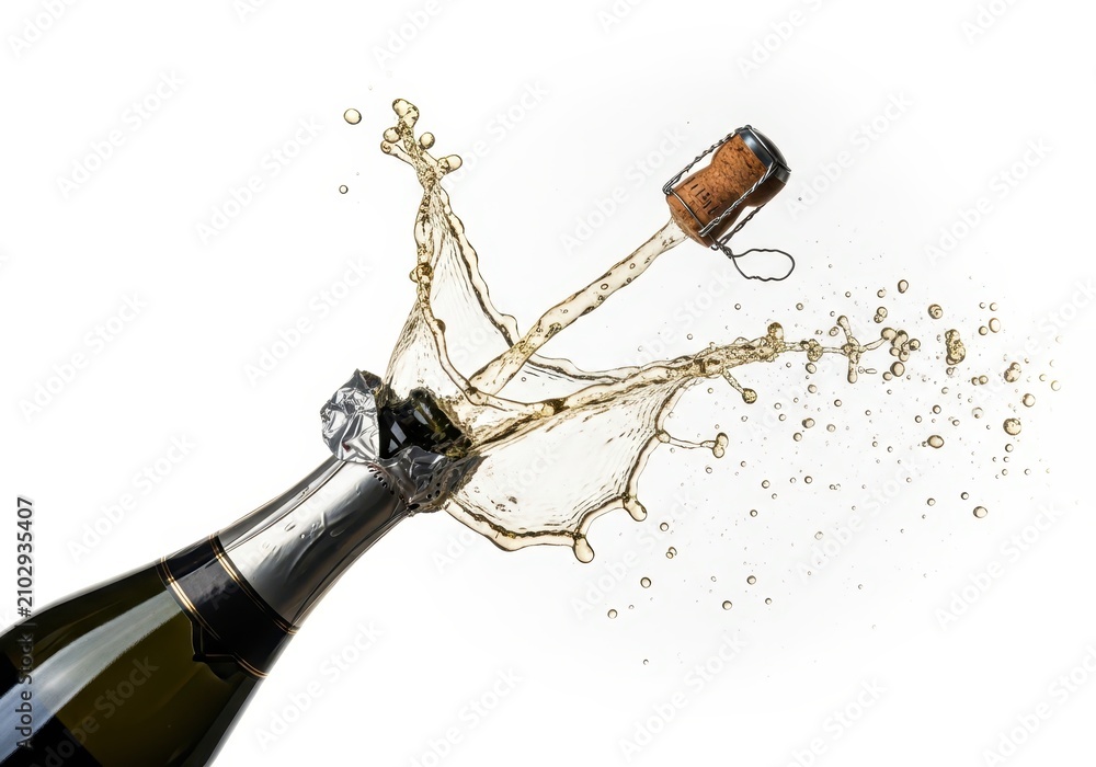 Fototapeta premium Champagne Bottle Popping with Liquid Splash and Cork Flying Out Isolated on White Background for Celebration