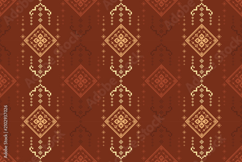 Modern Ikat geometric ethnic seamless pattern in luxury gold and brown. Vertical tribal motif ornament background for textile, fabric, and fashion design.