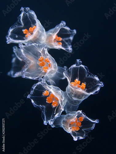 Macro Shot of Transparent Jellyfish with Vibrant Orange Centers.