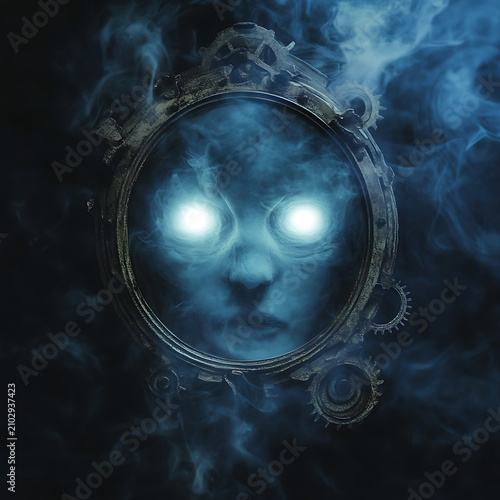 Mysterious Face Reflected in a Steampunk Mirror with Glowing Eyes.