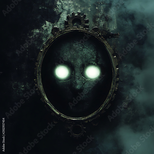 Mysterious Face with Glowing Eyes Reflected in a Dark Mirror.