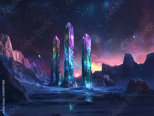 Mystical Crystal Formations in an Alien Landscape Under Starry Skies.