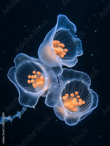 Three Translucent Jellyfish with Orange Centers Floating Underwater.