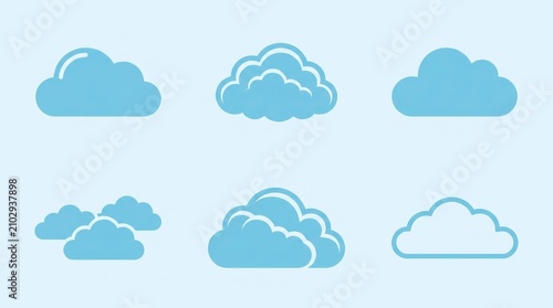 Flat vector cloud icons set for weather and tech design. Minimalist sky symbols for apps, websites, and digital presentations.