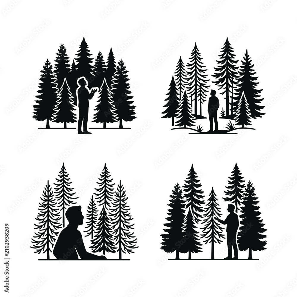 Obraz premium Silhouette People in Pine Forest Scenes, Outdoor Adventure and Nature Exploration