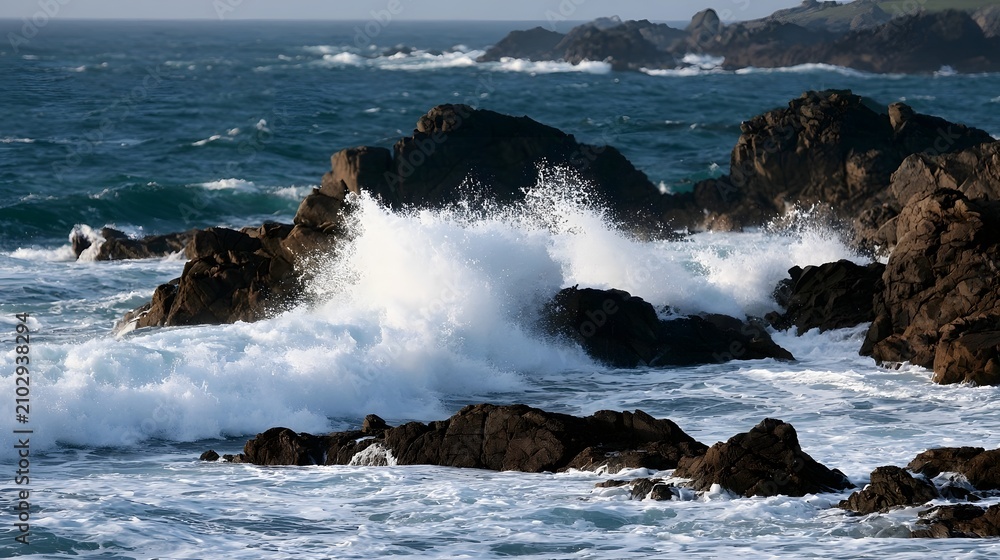 Fototapeta premium Powerful ocean waves crash against dark rocky shores under clear sky creating white foam and dynamic sea spray