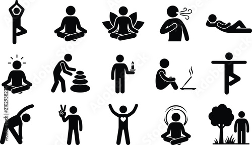 Photography Set of yoga and meditation icons featuring various poses, relaxation techniques,