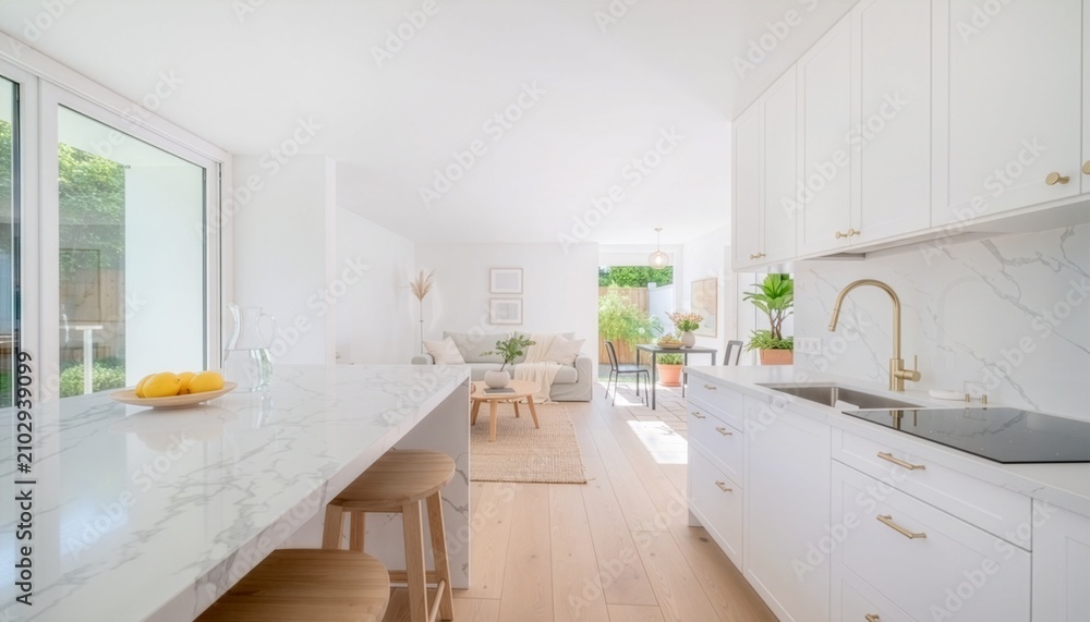 Fototapeta premium Sunlight floods a white marble kitchen island connecting seamlessly to a cozy modern living room beyond.