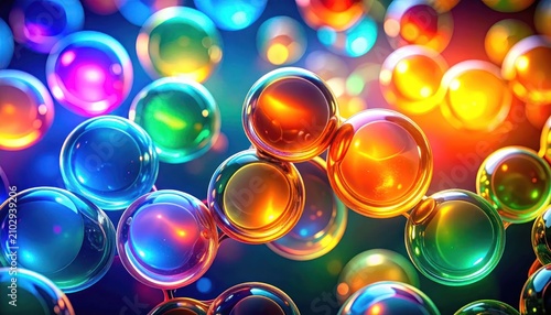 Close up abstract view of glowing colorful glass spheres.