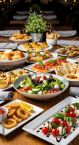 Colorful Mediterranean Appetizer Spread Arranged on Wooden Restaurant Table