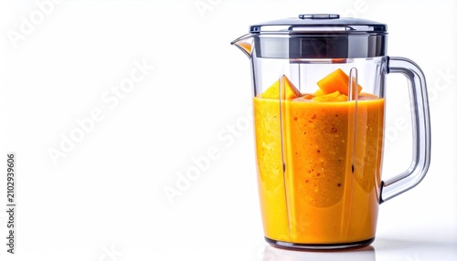 Orange fruit smoothie in blender pitcher on white background.