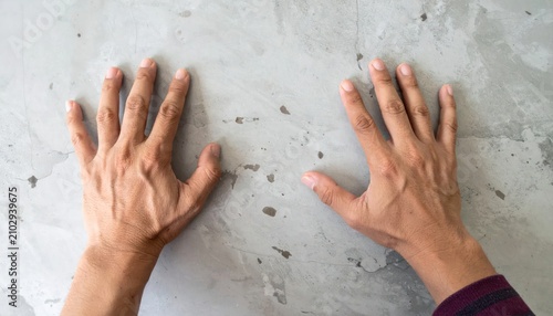 Pair of hands touching a textured gray concrete wall.