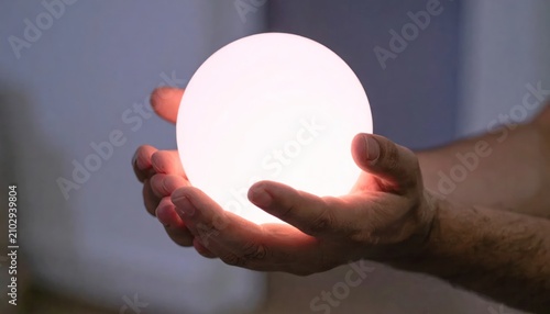 Person holding a glowing white light sphere in hands.