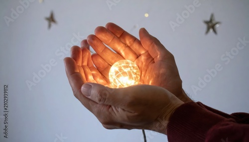 Person holding glowing light bulb in cupped hands.