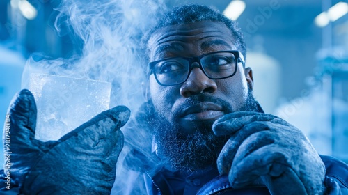 Dry ice technician holding a dry ice block with vapor wisps in a facility while thinking. Concept of quiz, consultation and trivia about dry ice production.