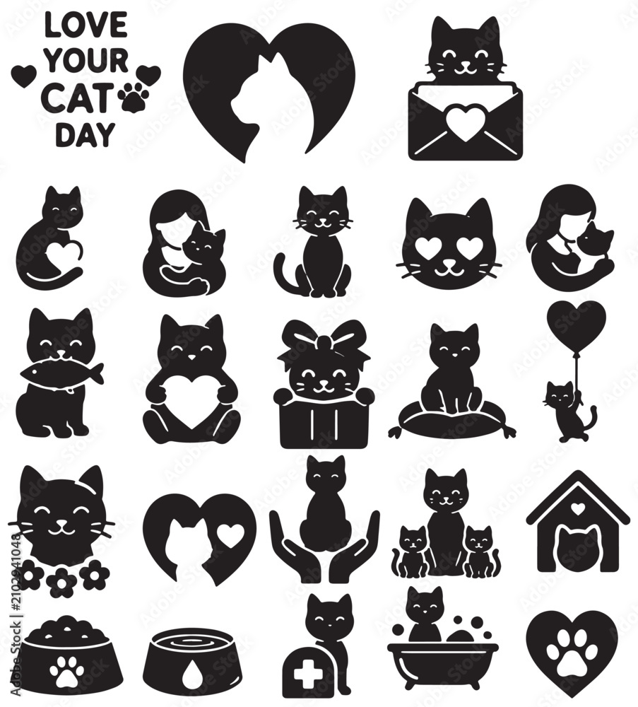 Obraz premium Black Cat Silhouettes And Related Icons On A White Background For Pet Lovers