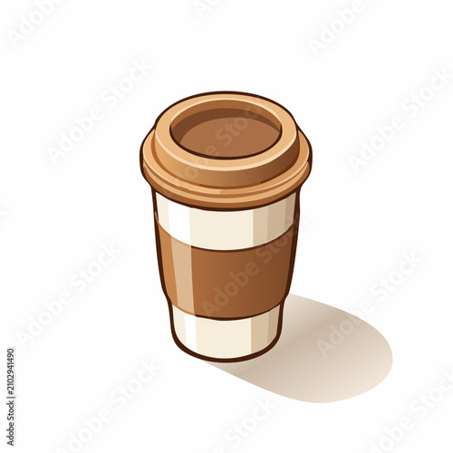 Isometric paper coffee cup with brown sleeve and lid.