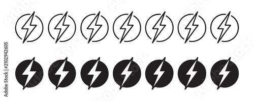 Konstfotografi Set of outline and filled lightning bolt icons in circles and separate simple energy symbols