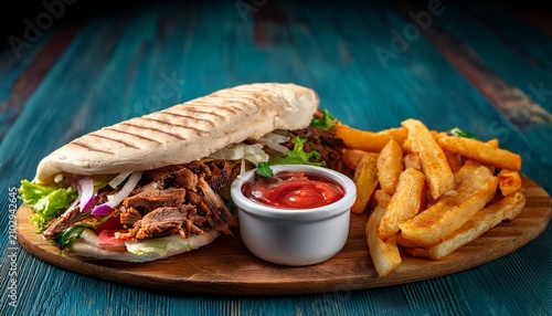traditional doner kebab sandwich with fries and sauce
