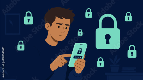 Cautious user entering a password on smartphone amid floating lock icons, dark navy cybersecurity vector illustration for privacy, authentication, secure login, mobile data protection and safety