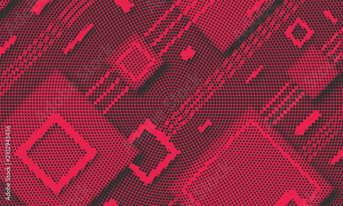 Abstract Dark Background with Red Pink Hexagon Dot Pattern and Geometric Shapes, Modern Gaming Design