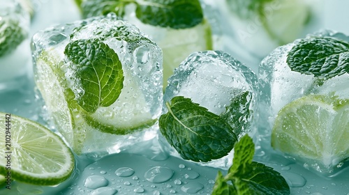 Close up of melting ice cubes with fresh green lime slices and mint leaves