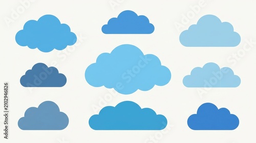 Set of solid blue puffy clouds. Vector collection of flat weather icons for design.