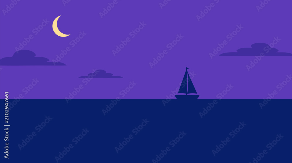 Naklejka premium Calm twilight ocean horizon vector illustration with violet to deep blue gradient sky, crescent moon, soft clouds, and lone sailboat silhouette for tranquil nautical travel backgrounds