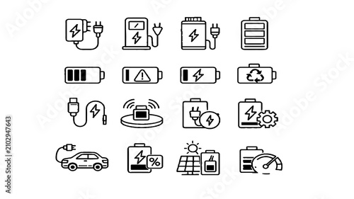 Battery Charging and Electric Vehicle Line Icon Set, Editable Stroke Vector Illustration