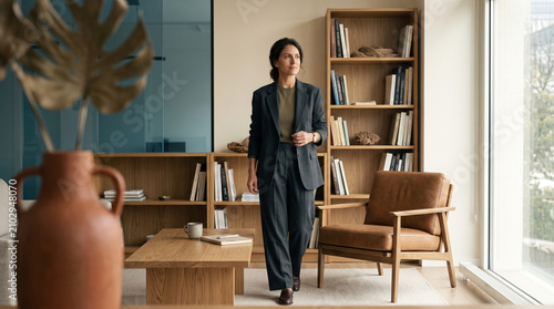Elegant business woman in a modern office, surrounded by curated bookshelves and warm wood tones. Editorial capture of strategic vision and the Quiet Luxury of a refined work environment.
