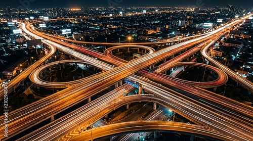 Aerial view of highway intersection with light trails at night in a busy modern city