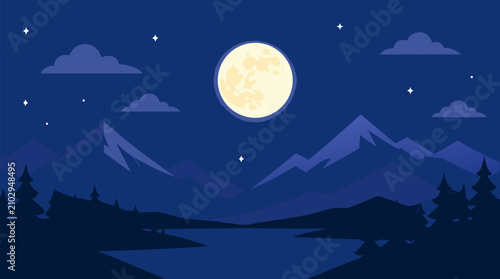 Glowing full moon above layered blue mountains and pine forest, tranquil alpine lake under starry twilight sky, peaceful night landscape vector illustration for nature travel backgrounds and wall art