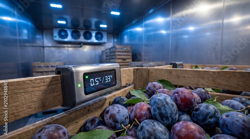 Fresh Plums in Wooden Crates with Smart Temperature Monitoring Sensor Inside Refrigerated Cold Storage Warehouse