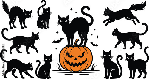 Set of black cat silhouettes in various spooky poses with a carved jack o lantern pumpkin for halloween design elements silhouette halloween jackolantern celebration mysterious