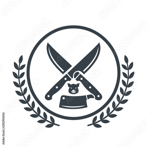 Crossed butcher knives and pig head logo emblem.